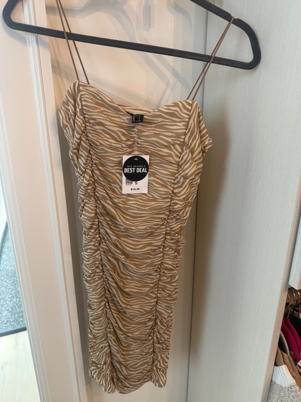 Forever 21 Tan Zebra-Print Ruched Slip Midi Dress
